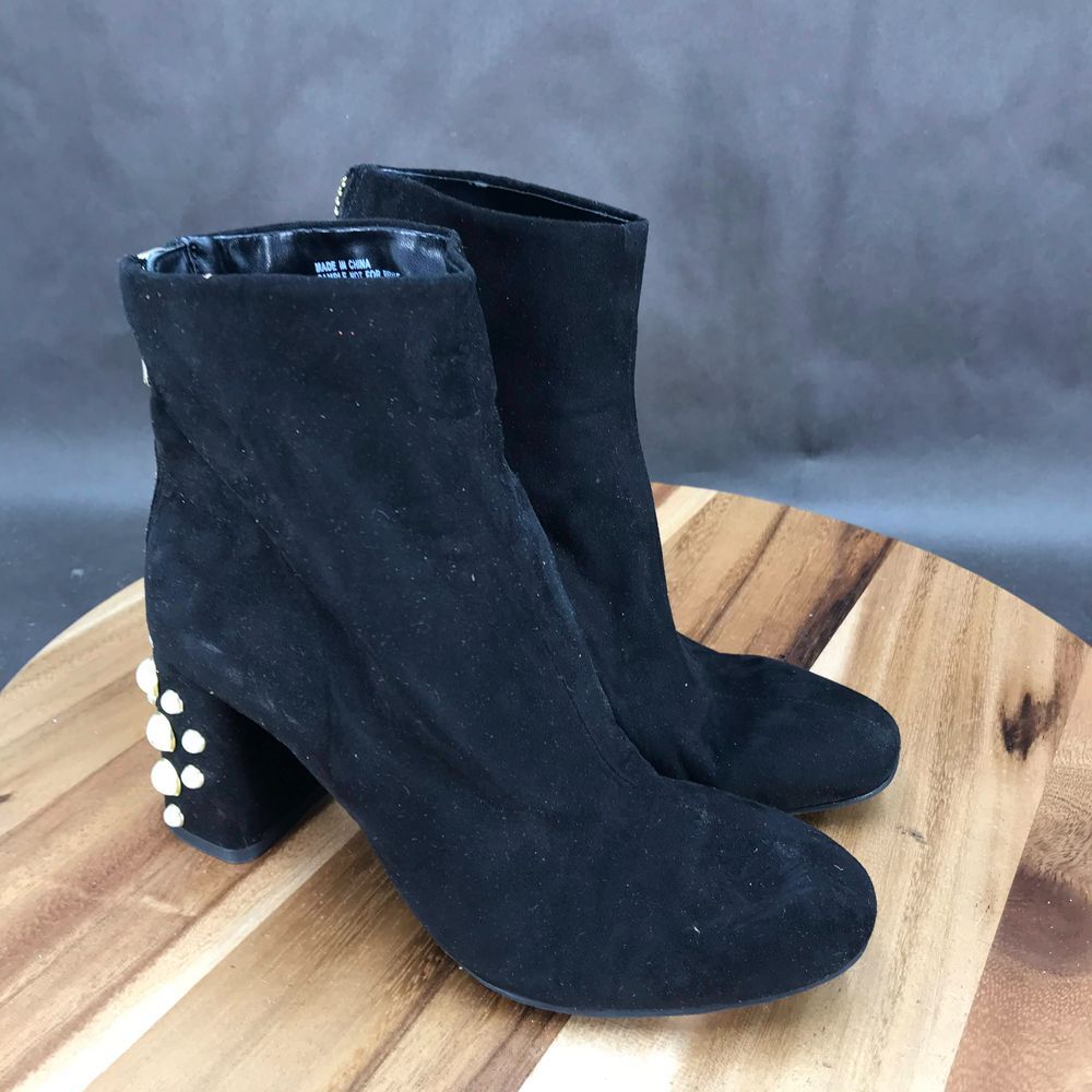 Worthington Black Embellished Suede Block Heel Zip‎ Up Booties Boots Womens 6